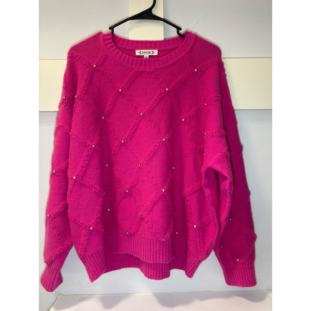 Nanette Lepore Hot Pink Rhinestone Knit Crewneck Sweater XL Feminine Barbiecore - Picture 2 of 13